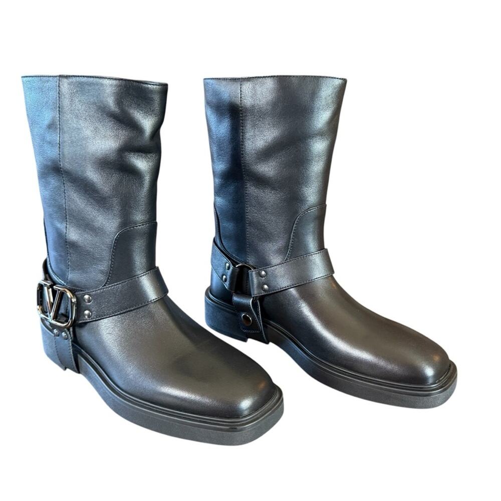 Valentino Garavani V Logo Signature Black Leather Biker Boot NEW EU 37 US 7
